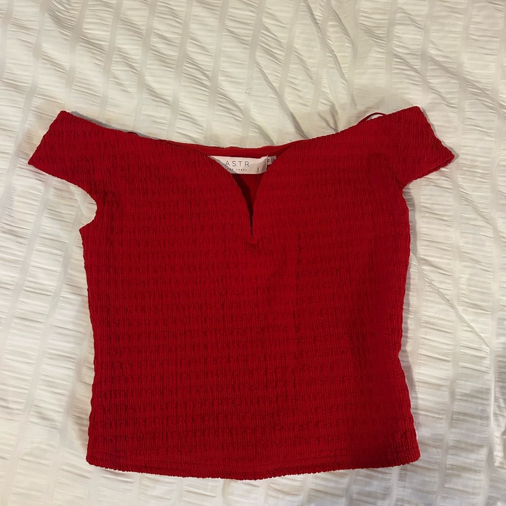Red Ribbed Off the Shoulder Crop Top